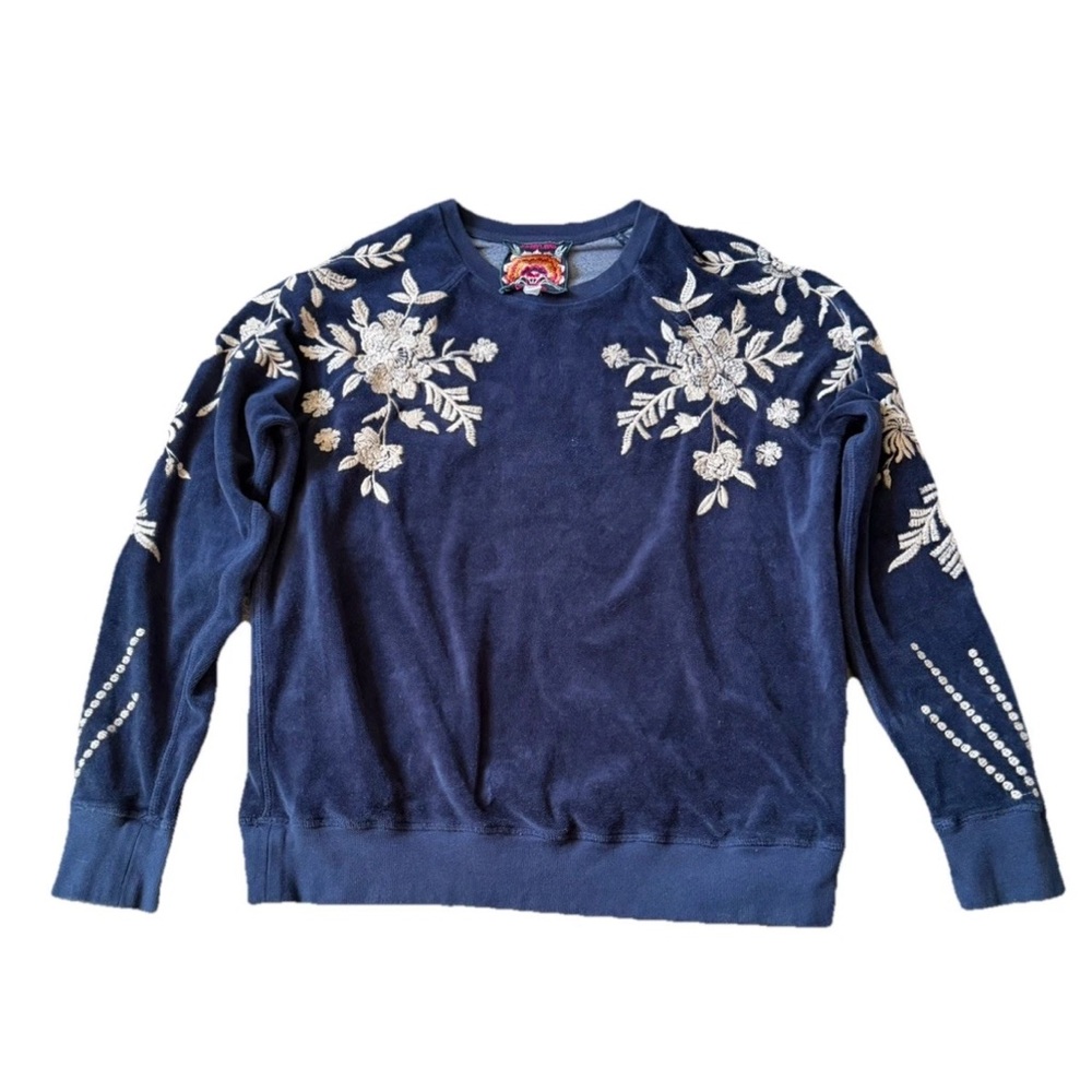 Johnny Was Floral Embroidered Blue Sweater velour